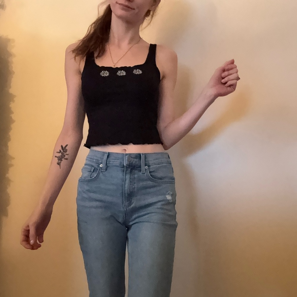 Caution To The Wind Black Ribbed Crop Tank with Daisy Embroidery